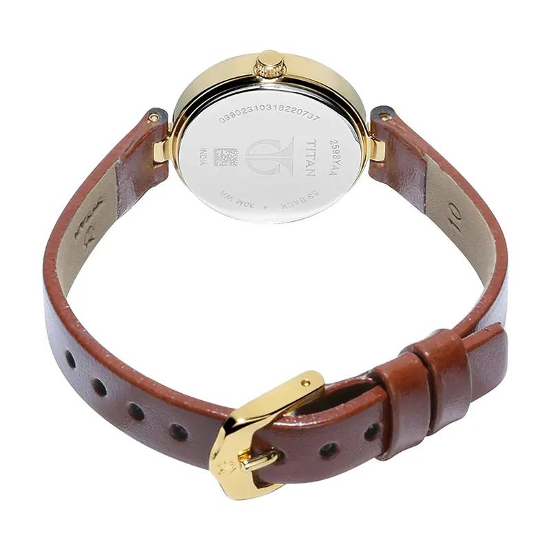 Titan Brown Leather Strap Champagne Dial Ladies Watch- 2594YL01